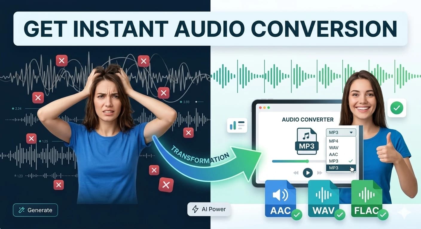 Audio Tools Suite interface — convert MP3, WAV, OGG, M4A, FLAC, AAC, WebM, AIFF plus trim, normalize, and waveform export